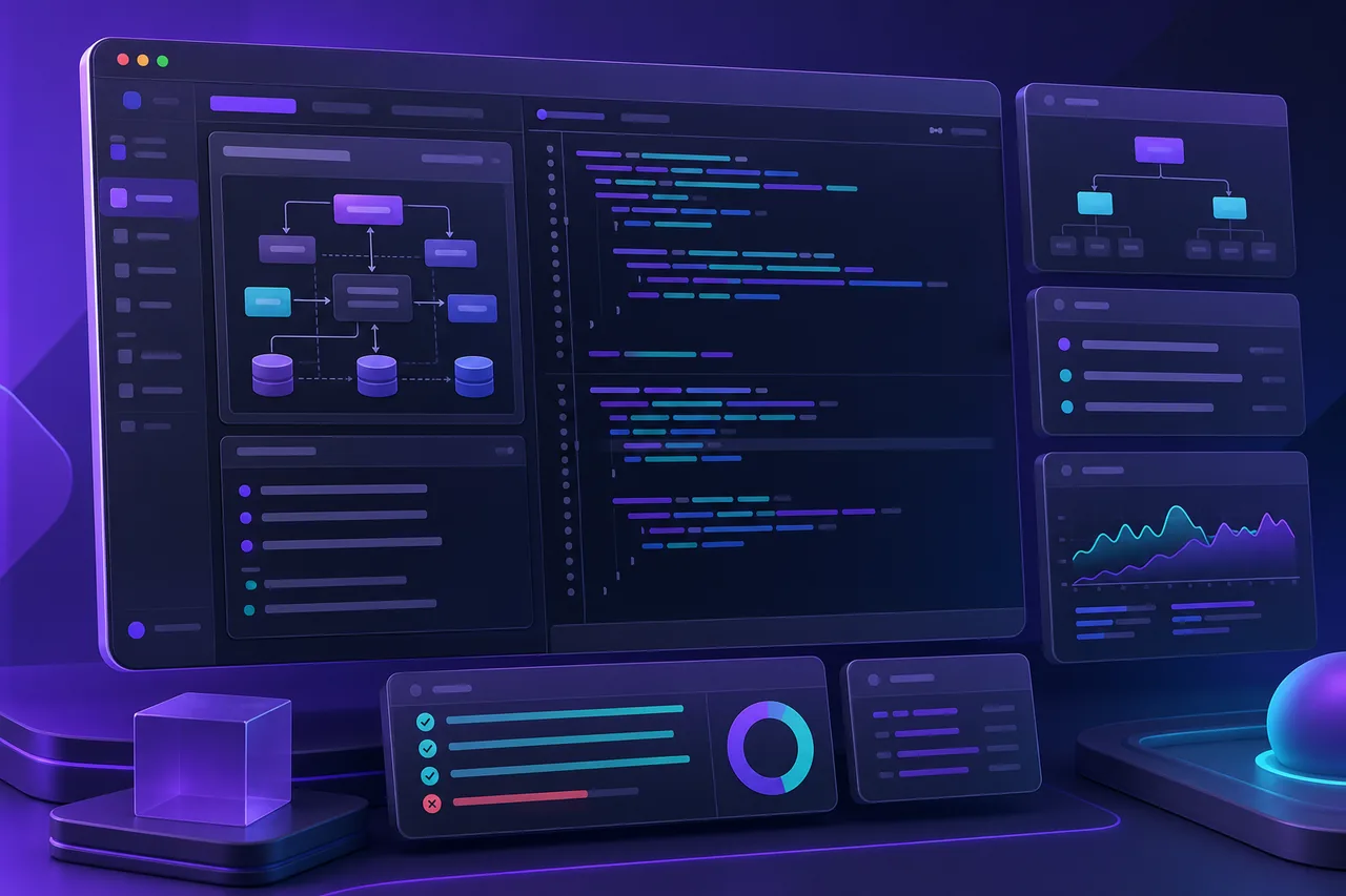 Coding interview workspace with code editor, system design, test results, and contextual analysis panels