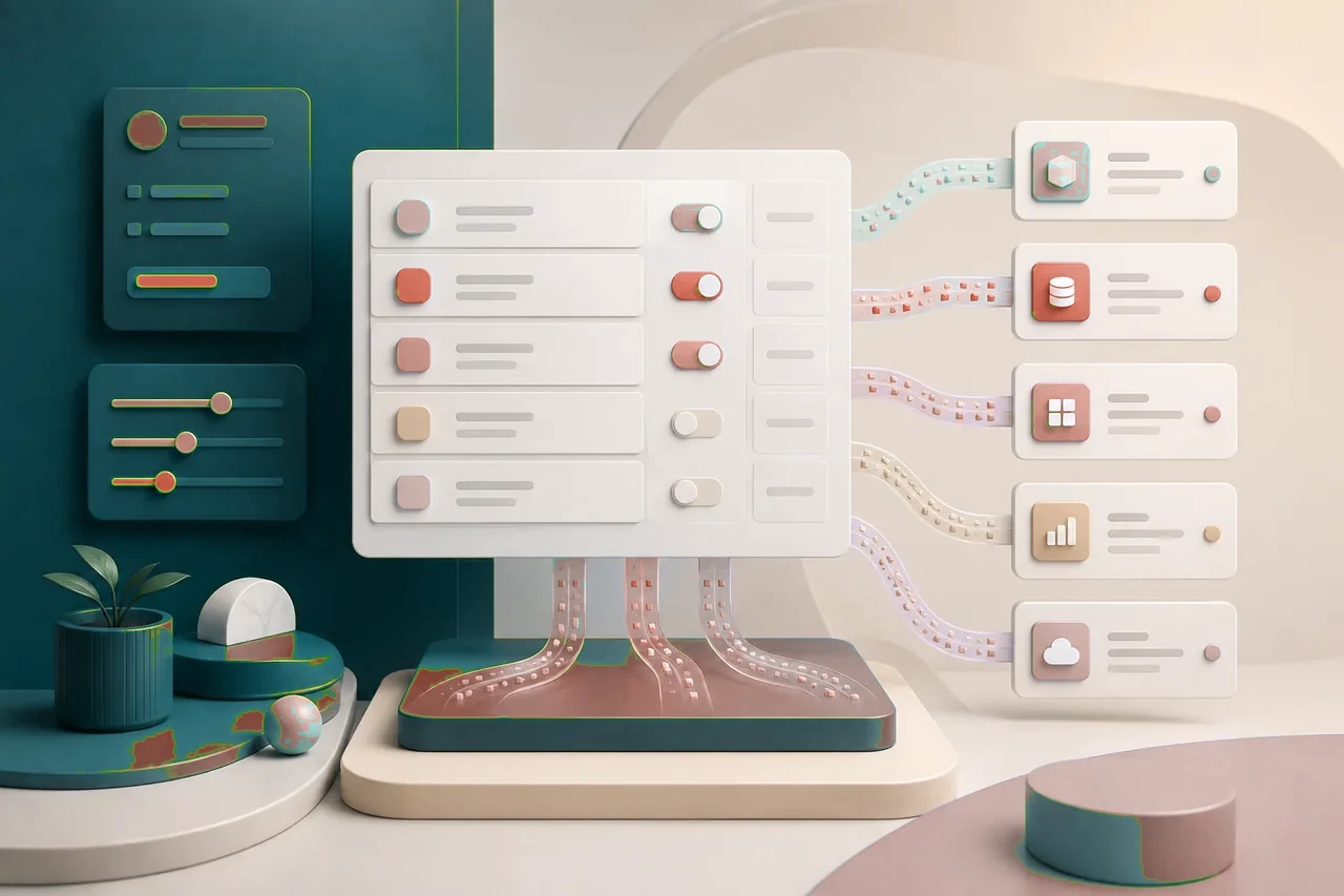 Aissence permissions and integrations shown as controlled data connections between product surfaces